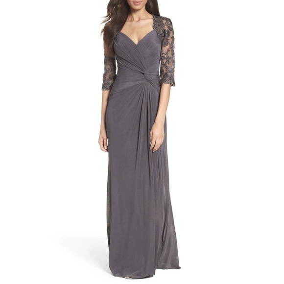 NEW La Femme Ruched Gathered Twist Front Lace Sleeves Embellished Gown Sz. 2 - Picture 1 of 10